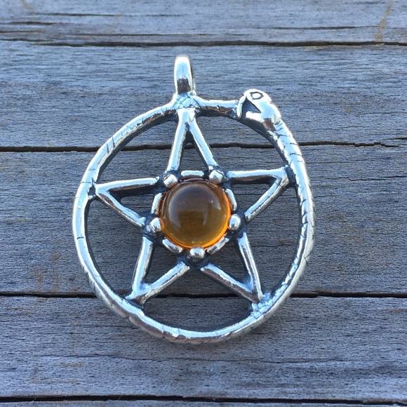 Wellstone Jewelry - Snake Ouroboros Pentacle .925 Sterling Silver w/ genuine Amber made in USA